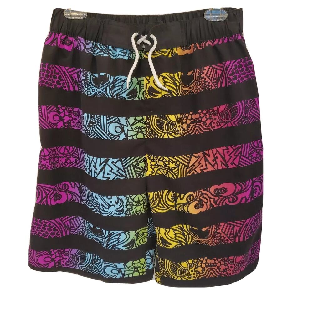Joe Boxer Boys XL (14/16) Black Multi Lined Swim Trunks Sea Print Elastic Band